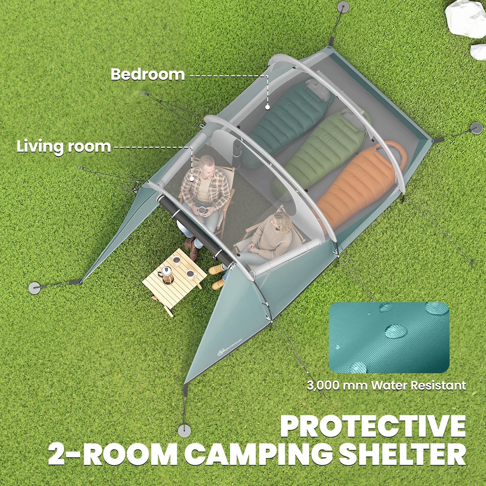 image 1 of Outsunny 3000mm Waterproof Camping Tent with 2 Rooms for 3 Man, Green