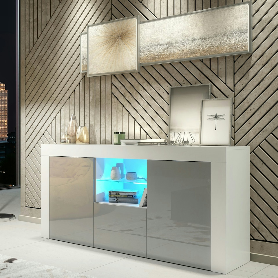 image 1 of TV Unit 145cm Grey Gloss Doors Free LED White Matt Media Cabinet | White | Grey | One Size | 1