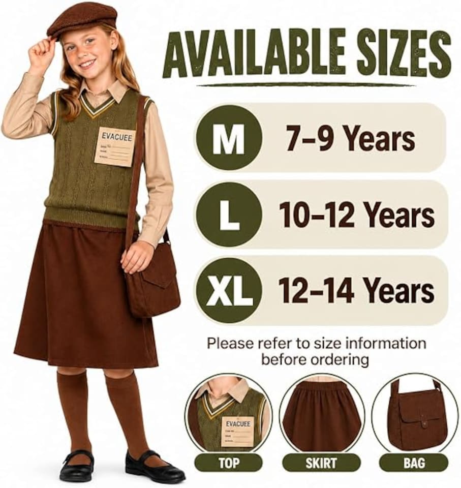 image 1 of Girls WW2 Evacuee Costume World Book Day 1940s Wartime Fancy Dress Kids Child Outfit (Medium 7-9 Years)