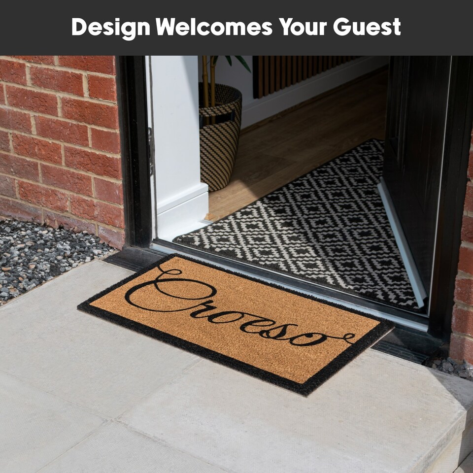 image 1 of Croeso Welsh Welcome Coir Doormat Latex Backed Natural Scraper Mat 60cm x 40cm