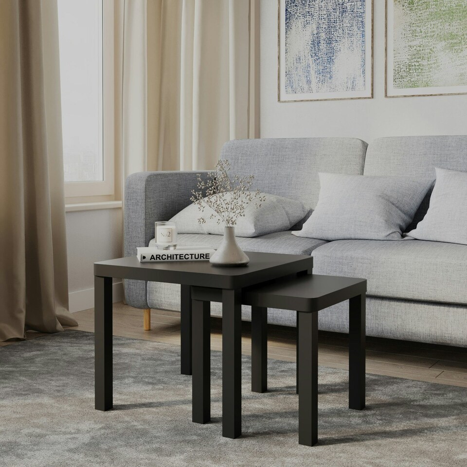 image 1 of Set of 2 Square Wooden Nesting Coffee Side Tables White | 0