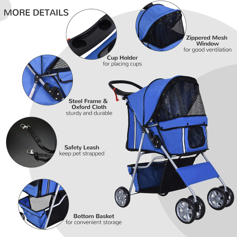 image 1 of PawHut Pet Stroller Carrier Foldable Deluxe Jogger Walk Travel Dog Cat Blue