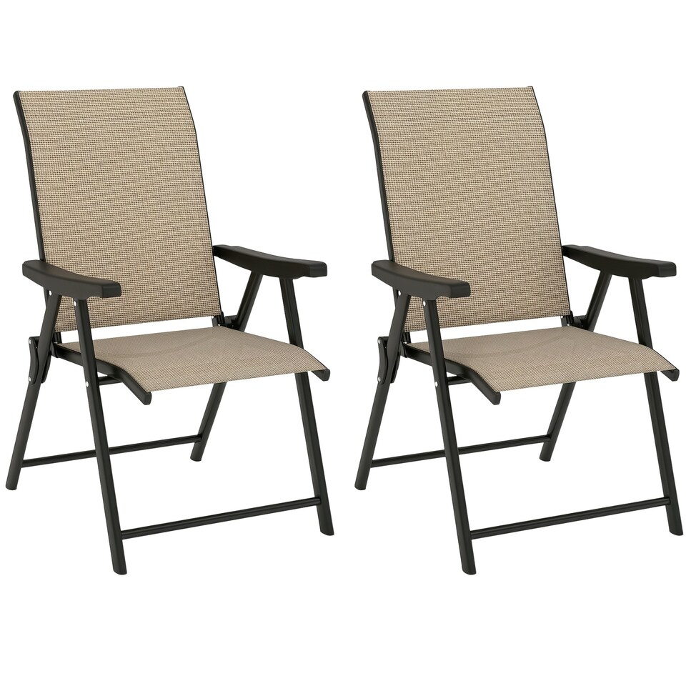 image 1 of Outsunny Folding Garden Dining Chairs Set of 2 with Mesh Seat, Brown Grey | 4PCS