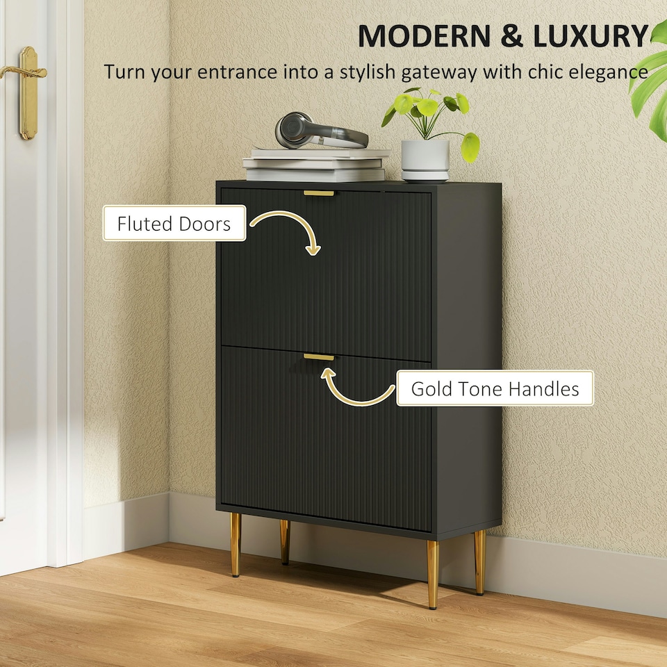 image 1 of HOMCOM Slim Shoe Storage Cabinet with 2 Flip Drawers for Hallway Black | Gold | 60W x 24D x 91.5H cm