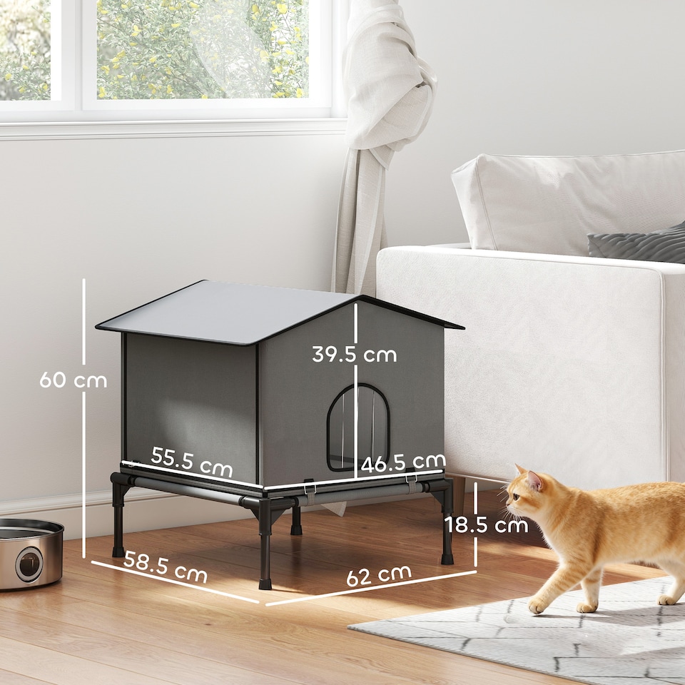 image 1 of PawHut Outdoor Cat House, Feral Cat Shelter with Elevated Base, Grey | Grey