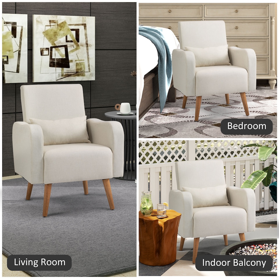 image 1 of HOMCOM Accent Chair, Linen-Touch Armchair with Pillow, Upholstered Leisure Lounge Sofa for Living Room, Club Chair with Rubber Wooden Frame, Cream