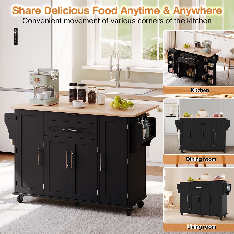 image 1 of VILUXE Mobile Kitchen Island with Foldable Worktop, Hidden Cutlery Drawer, Large Drawer, Adjustable Shelves, Door Racks, Towel Rack, Spice Rack and 5 Wheels, Black and Natural Wood