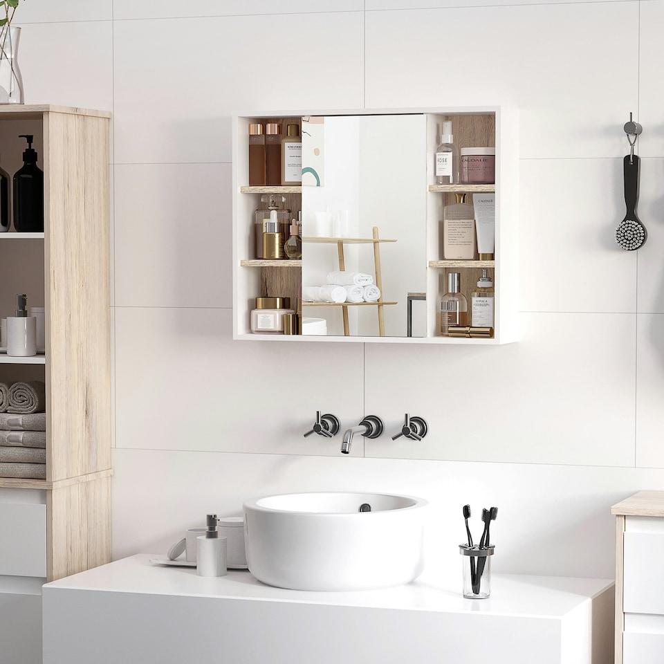 image 1 of HOMCOM Wall Mounted Bathroom Storage Cabinet w/ Mirrored Door, Adjustable Shelf