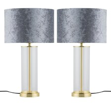 Set of 2 Aura - Satin Brass Lamps with Grey Crushed Velvet Shades Bronze | Grey