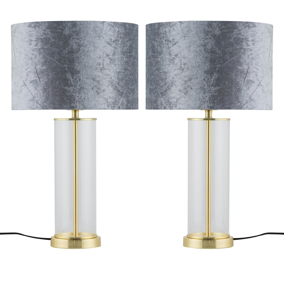image 1 of Set of 2 Aura - Satin Brass Lamps with Grey Crushed Velvet Shades Bronze | Grey