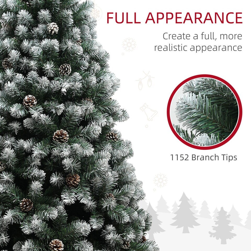 image 1 of HOMCOM 7ft Artificial Pine Christmas Tree with 1152 Branch Tips and Steel Base, Realistic Hinged Tree with Pinecones, Holiday Decor for Home Office, Green