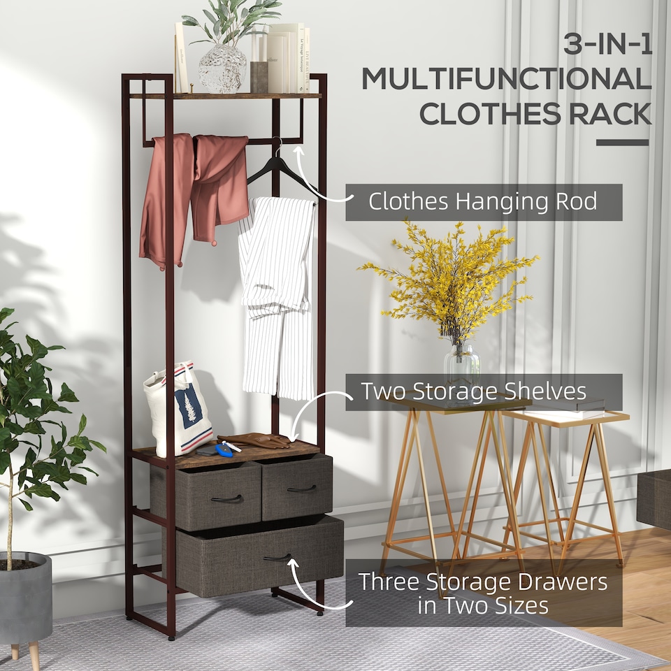 image 1 of HOMCOM Free Standing Clothes Rail with 3 Fabric Drawers and Storage Shelves, Garment Rack, Hanging Rail for Hallway, Bedroom and Living Room, Rustic Brown