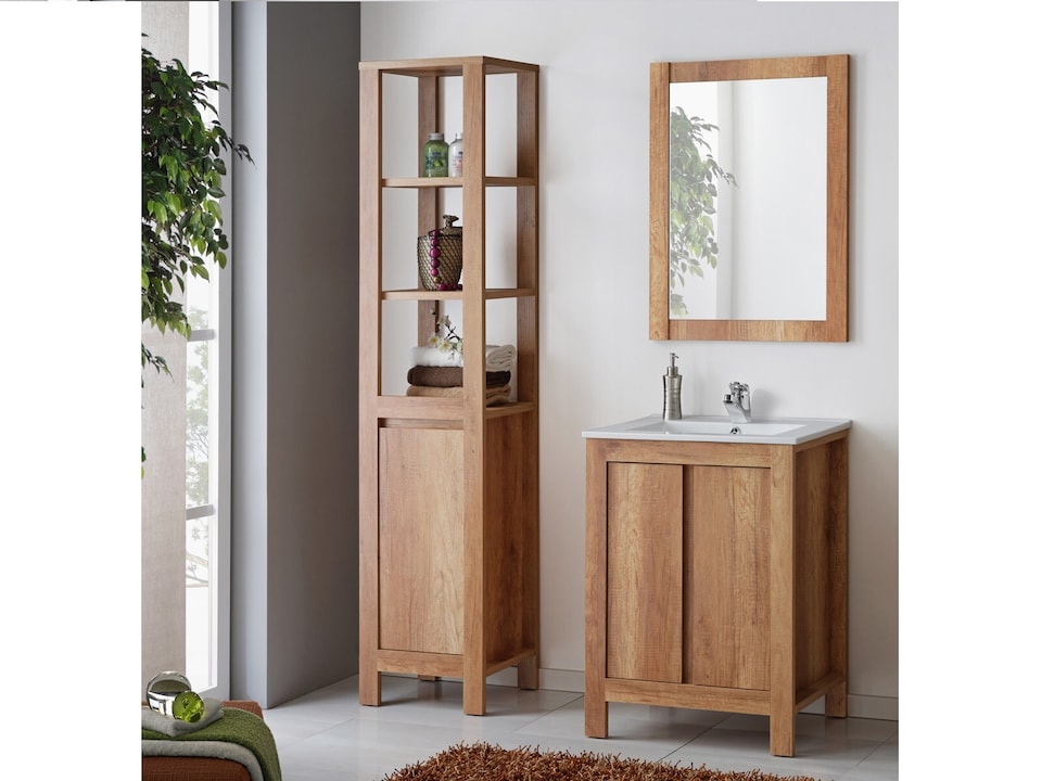 image 1 of Bathroom Furniture Set 600 Sink Vanity, Mirror, Freestanding Storage Cabinet Oak Effect Classic