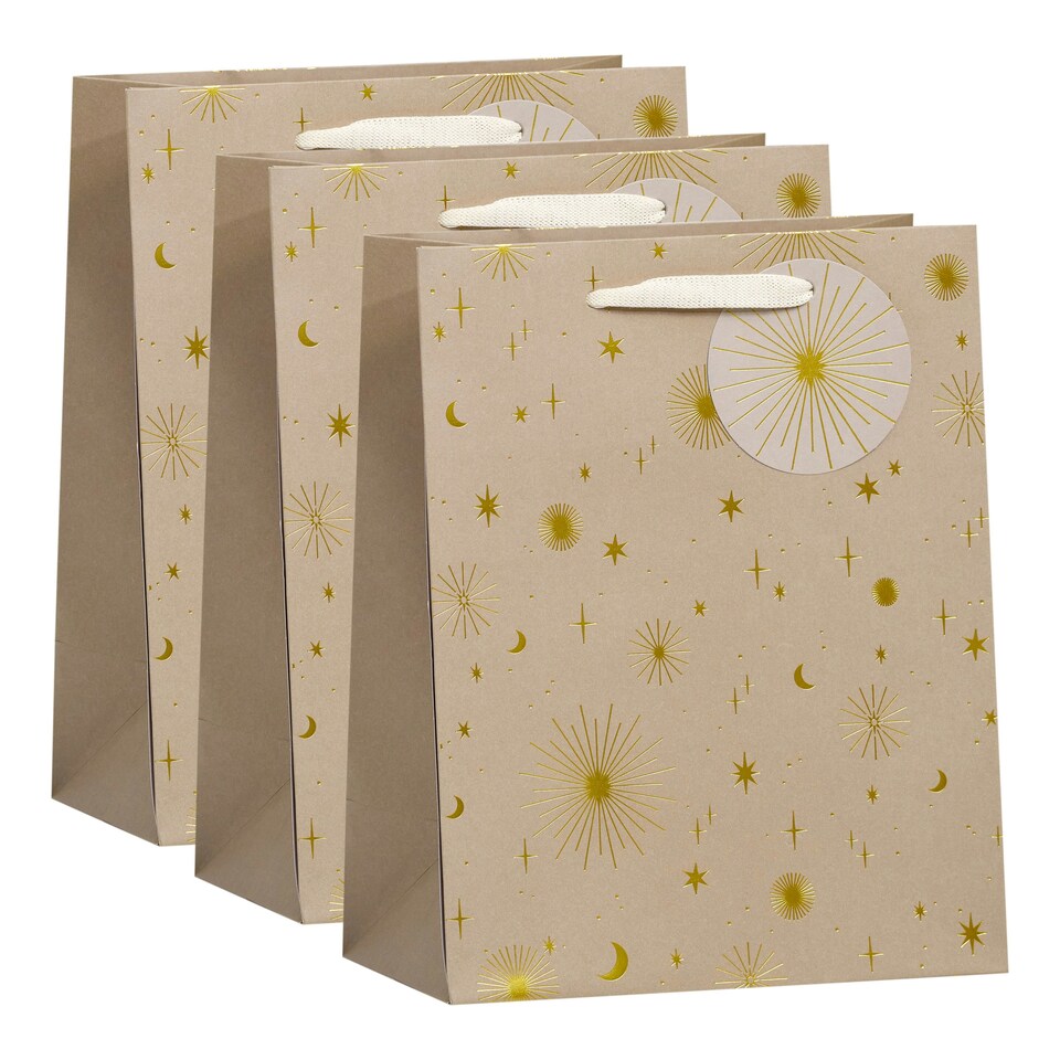 image 1 of Multipack of 3 Medium Gift Bags | Party Bags for Presents | Birthdays/Wedding | For Him/Her/Friend | Starburst Design Silver