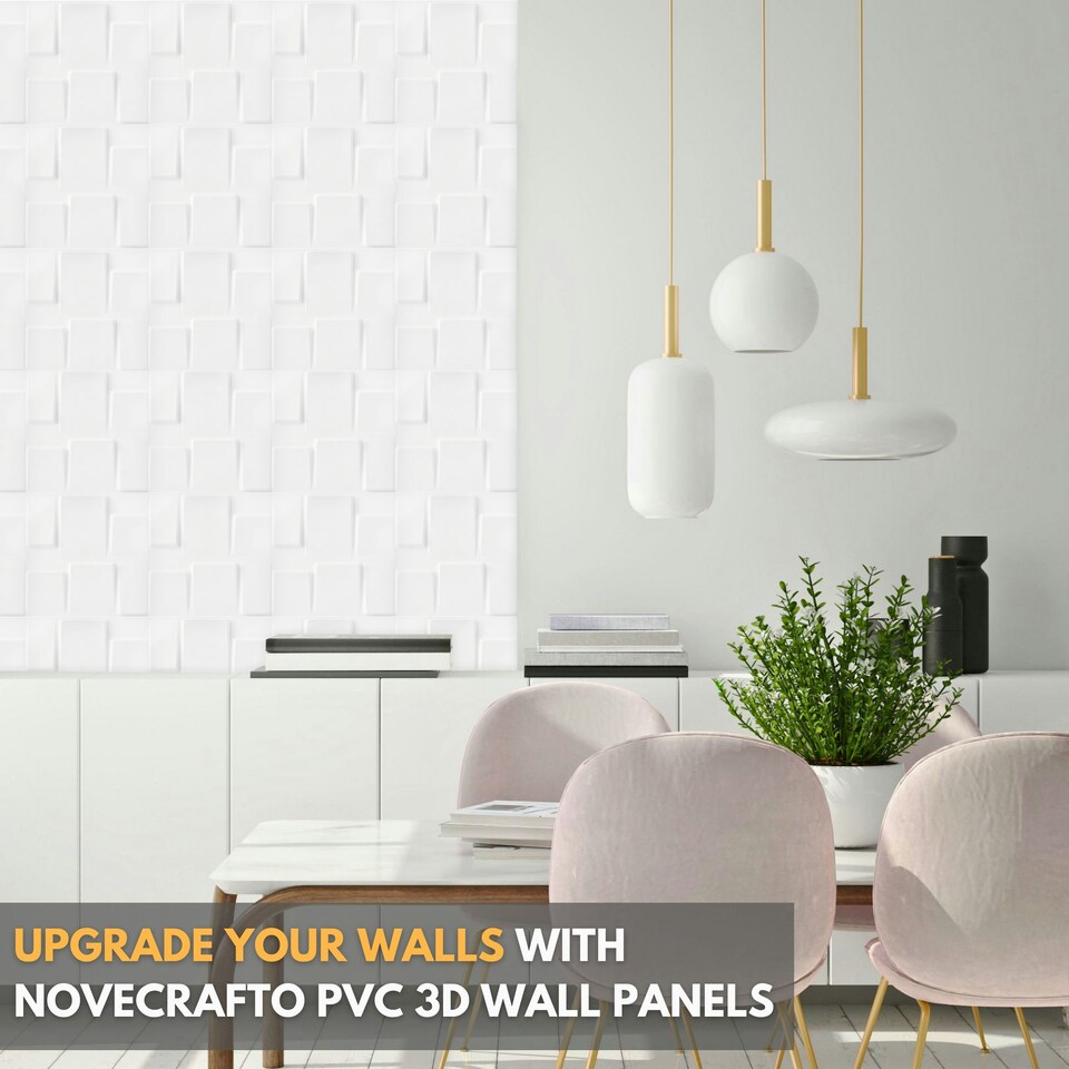 image 1 of NOVECRAFTO 3D Geometric Wall Panels – Matt White Squares Design – 6 PVC Sheets – 1.5m² (16.15sqft) – Interior Cladding Wall Tile Effect | White