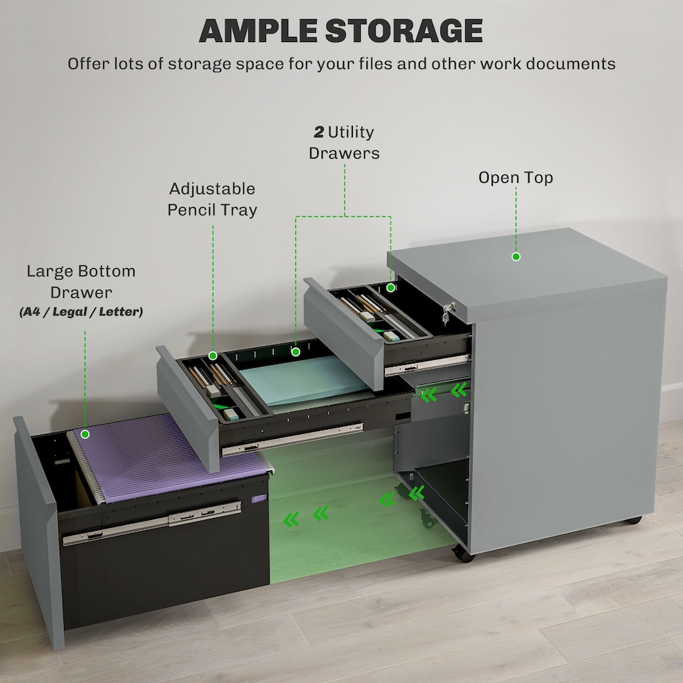 image 1 of Vinsetto 3-Drawer Filing Cabinet, Mobile Metal File Cabinet with Lock and 5 Wheels for A4 Legal Letter Sized Hanging File Folders, Under Desk Drawers, Pre-Assembled Body, 39 x 48 x 60 cm, Grey