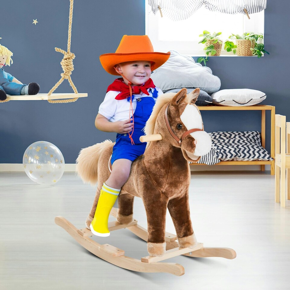 image 1 of HOMCOM Kids Rocking Horse Wooden Plush Children Ride On Toy Rocker Baby Gift Age
