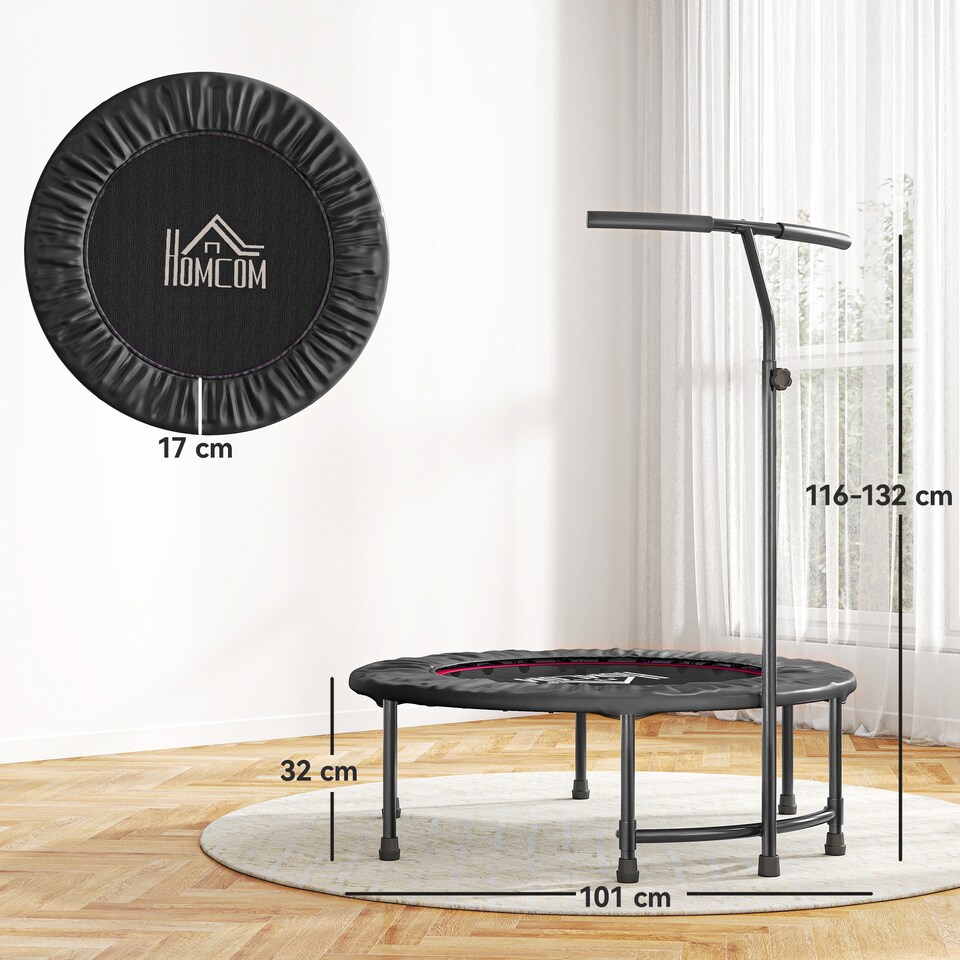 image 1 of HOMCOM Mini Trampoline, Rebounder Jumper with Adjustable Handle, Black