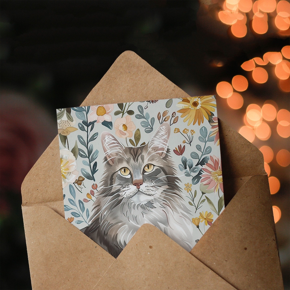 image 1 of Greeting Card Cat Lover Maine Coon Boho Floral Pet Portrait Birthday