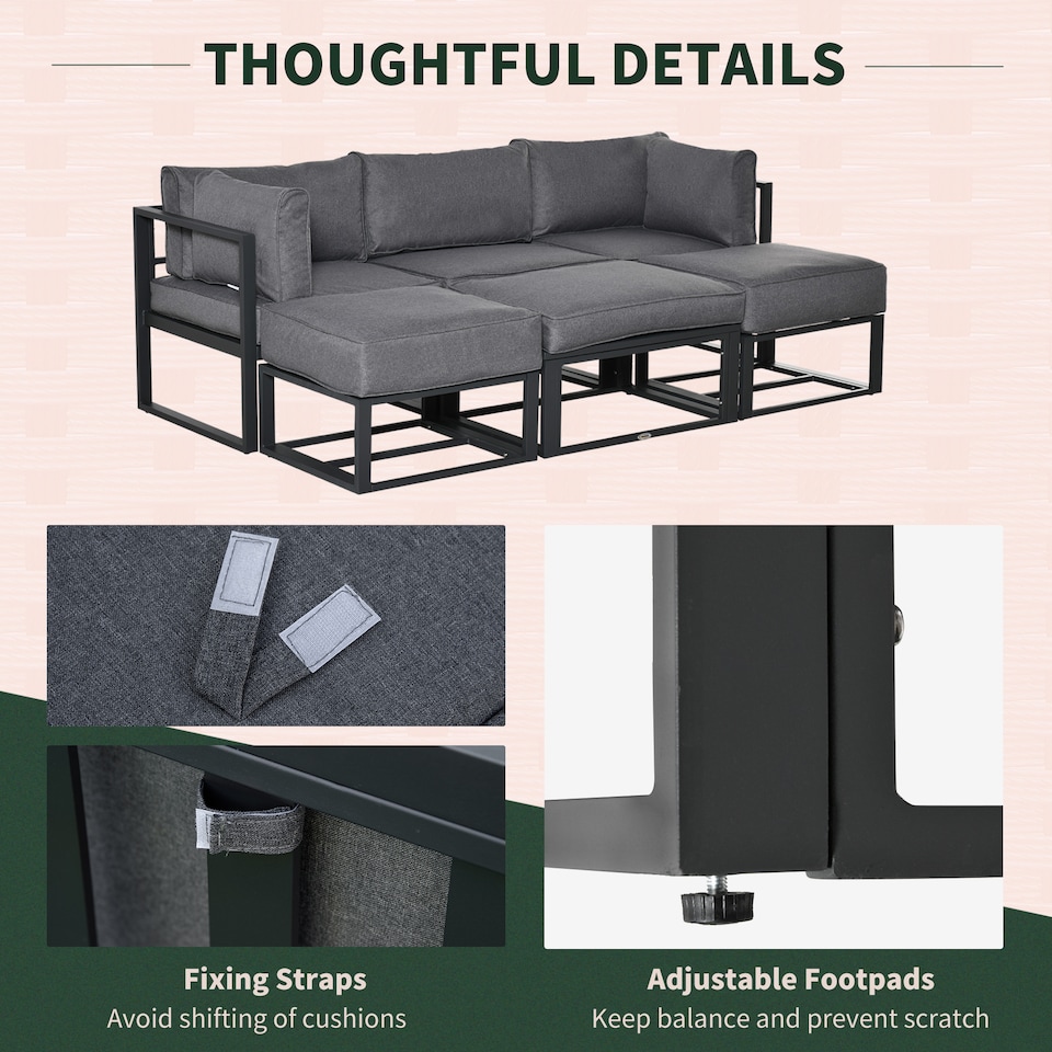 image 1 of Outsunny 6 PC Garden Daybed Aluminum Sectional Sofa Set Coffee Table Footstool | Grey