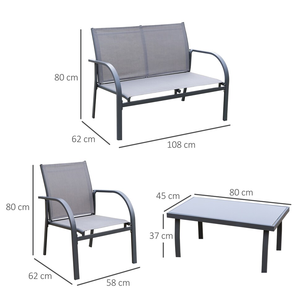 image 1 of Outsunny 4 Pcs Curved Steel Outdoor Furniture Set w Loveseat, 2 Texteline Seats, Glass Top Table Garden Balcony Patio Furniture For Family Party Events Guests Grey