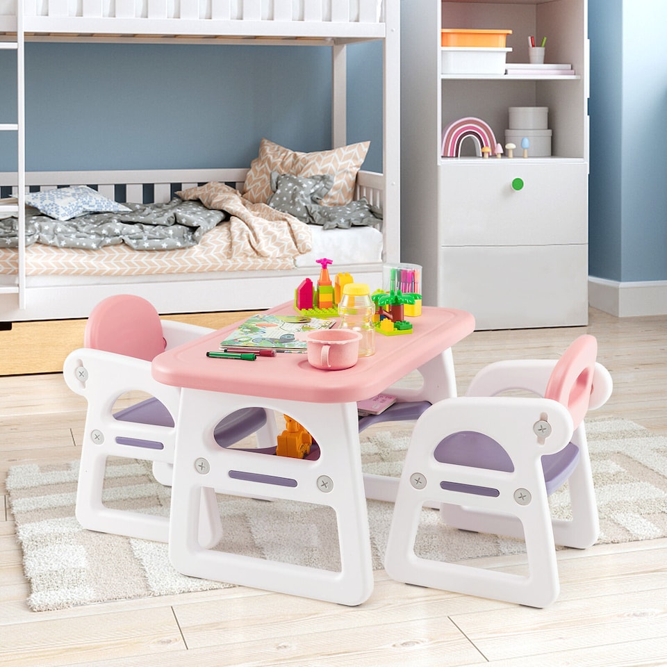 image 1 of COSTWAY 3-Piece Kids Table and Chairs Set with Rack Pink