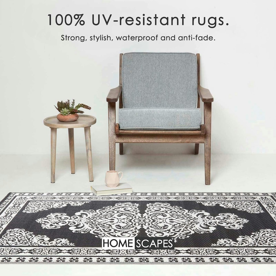 image 1 of Homescapes Outdoor Rug Luxury Waterproof Reversible, For Garden, Motif | Black | Black and White