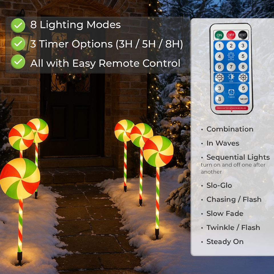 image 1 of Neo Large 50cm Candy Cane Lolly Lollipop Christmas Remote Solar and Battery Powered Lights 6 Pack LED Path Stakes Timer 8 Modes Timer Outdoor Décor
