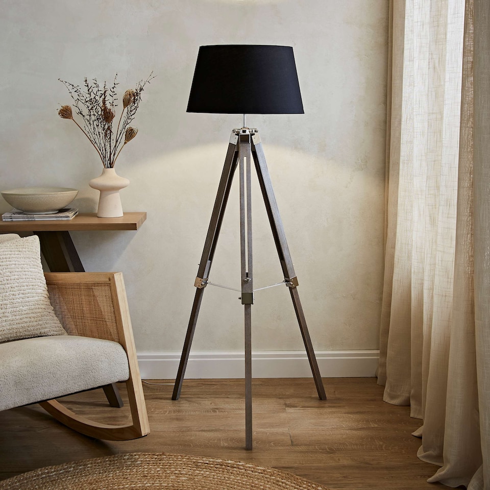 image 1 of ValueLights Clipper Light Wood Tripod Floor Lamp Black Taper Shade