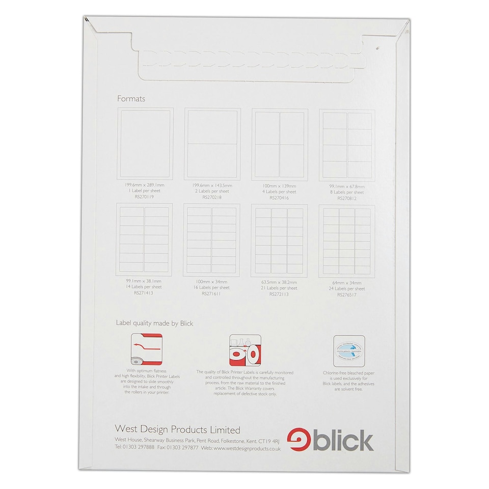 image 1 of Blick 16 Per Sheet 25 Sheets, 100mm x 34mm, Rectangular, White, 400 Labels