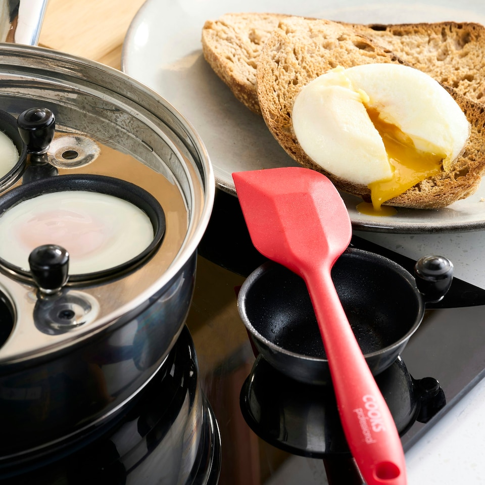 image 1 of Cooks Professional Stainless Steel Egg Poacher Pan and Silicon Spatula I 4 Nonstick Egg Poacher Cups I Glass Lid