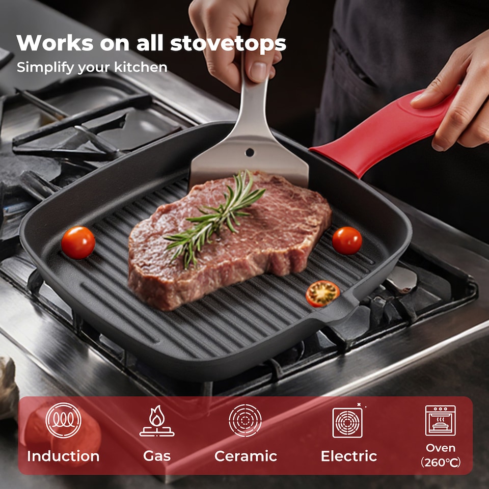 image 1 of Toque Cast Iron Griddle Grill Pan Square Skillet BBQ Non Stick Frying Cookware