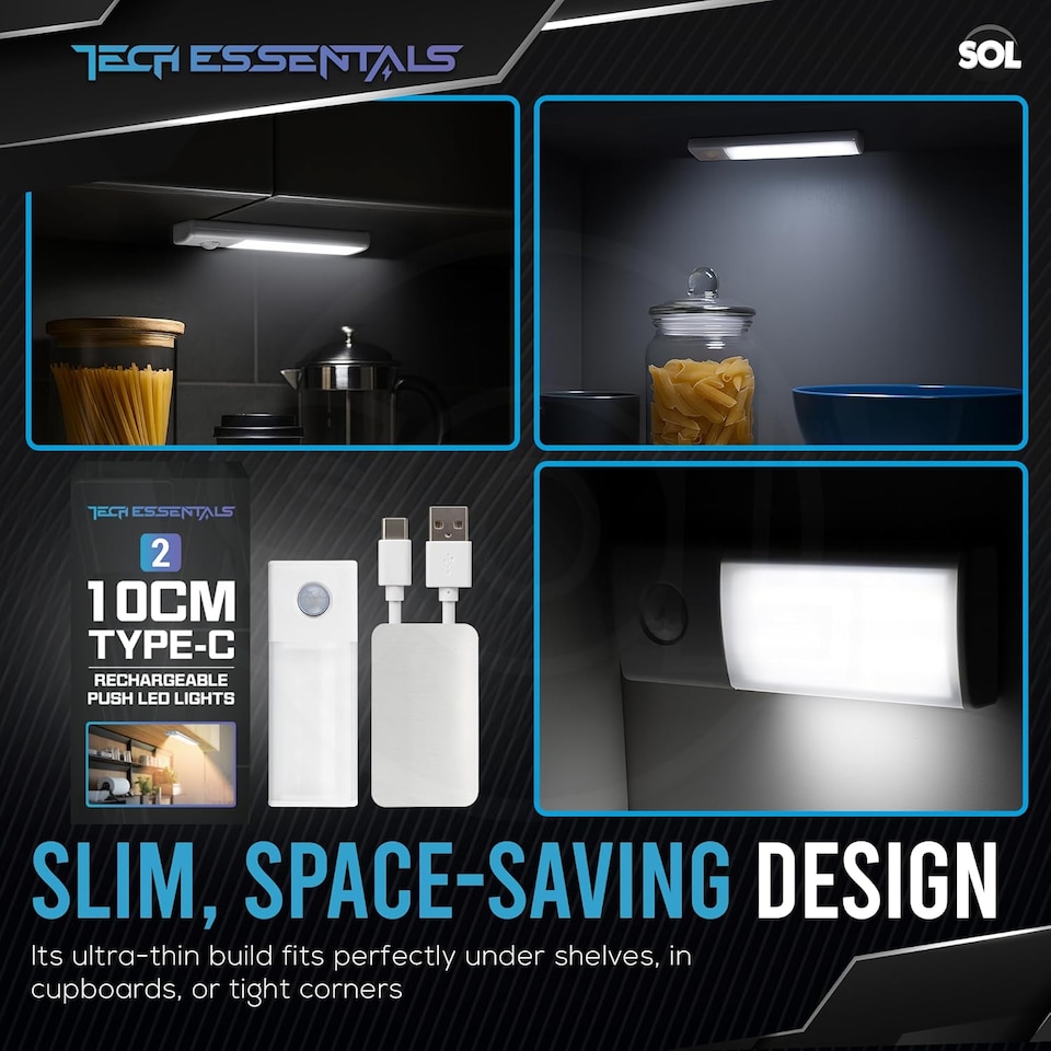 image 1 of 2pk 10cm Type-C Rechargeable Push LED Lights – Wireless Motion Sensor Strip Lights for Cupboards, Closets, Drawers, Shelves & Kitchen