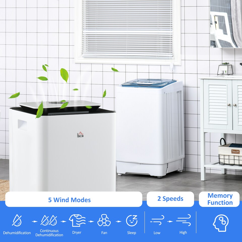 image 1 of HOMCOM 16LDay 3500mL Portable Quiet Dehumidifier with Air Purifier Filter, 24H Timer, 5 Modes, Electric Moisture Air Dehumidifier for Home Laundry Basement, White