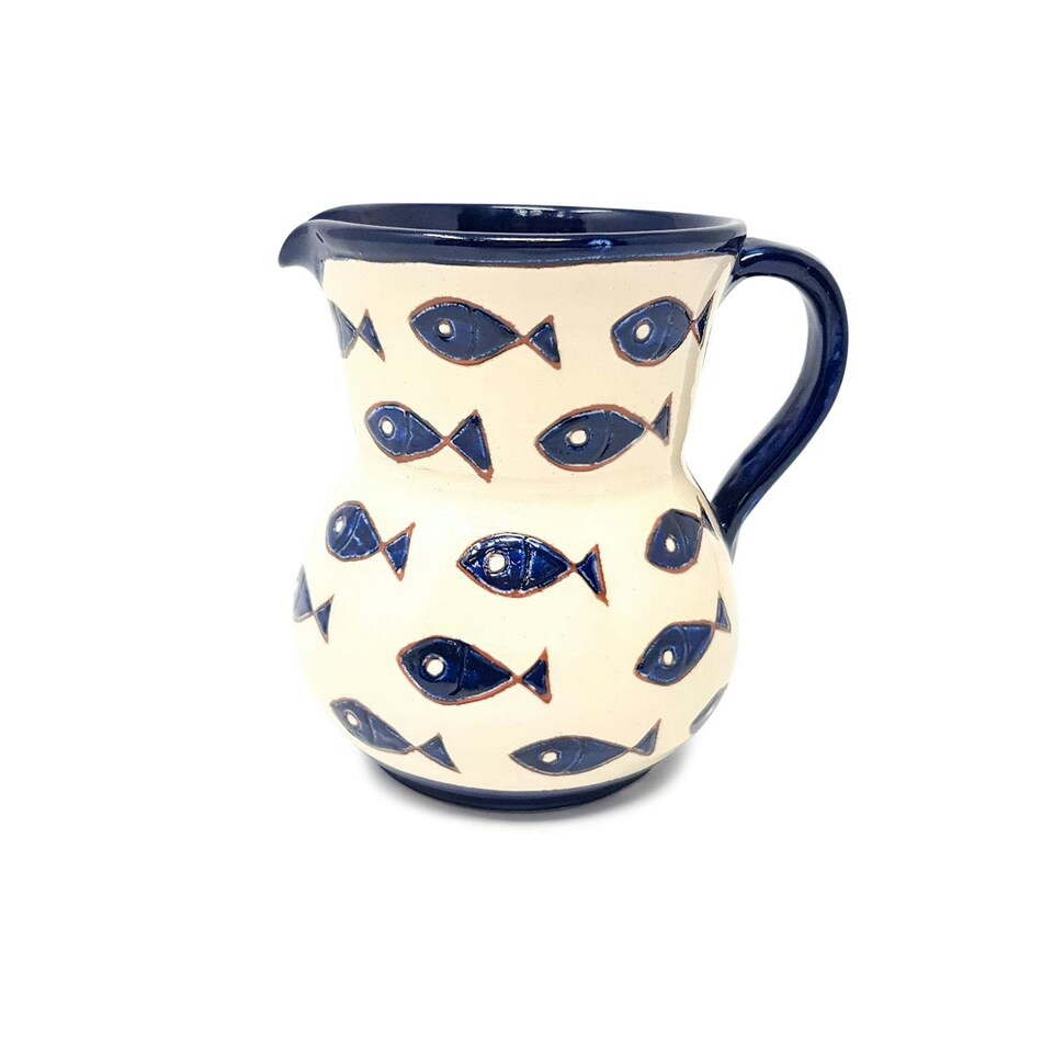 image 1 of Verano Spanish Ceramics Signature Small Jug - 0.5L Blue & White Fish