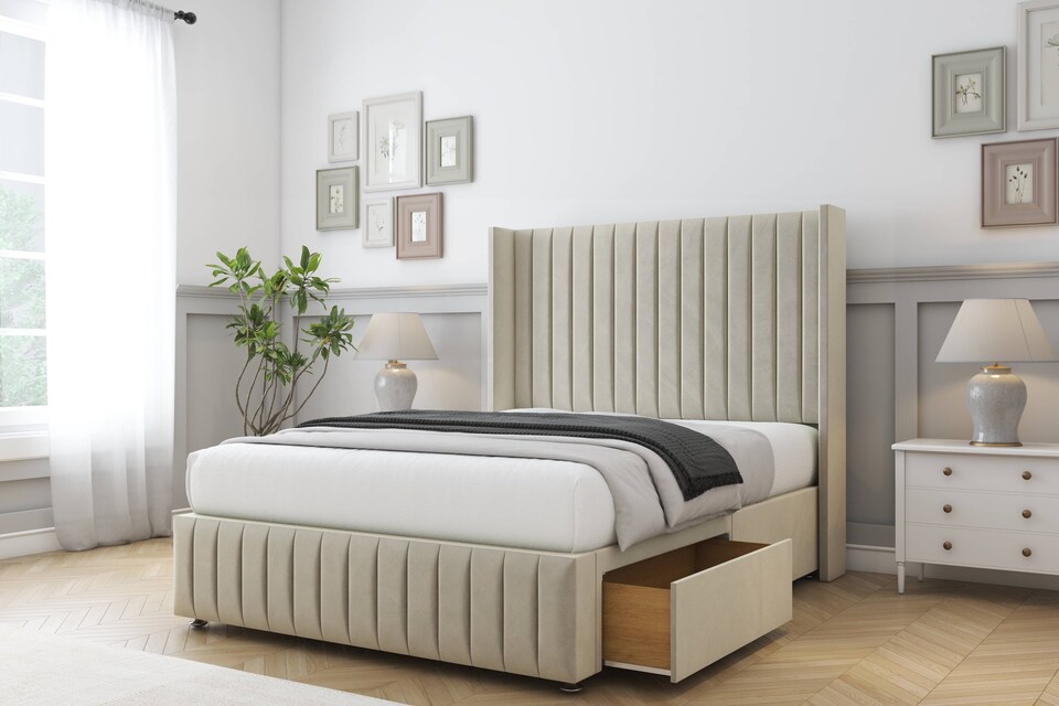 image 1 of Sloomy Marlborough Cream Plush Divan Bed Base 2 Drawers Foot-End With 54 Inch Wingback Headboard & 12 Inch Matching Footboard | Cream | Cream | King | 1