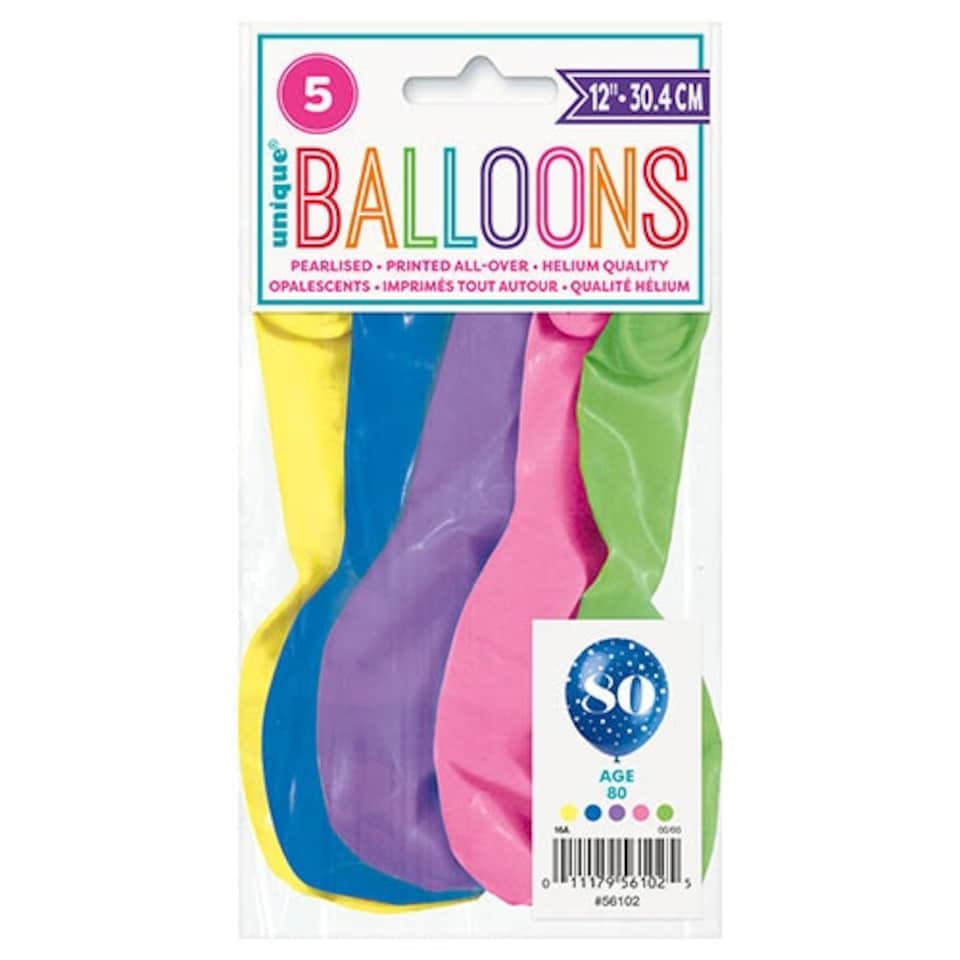 image 1 of Assorted Age 80 Pearlised Biodegradable Latex Balloons 30cm / 12 in - Pack of 5