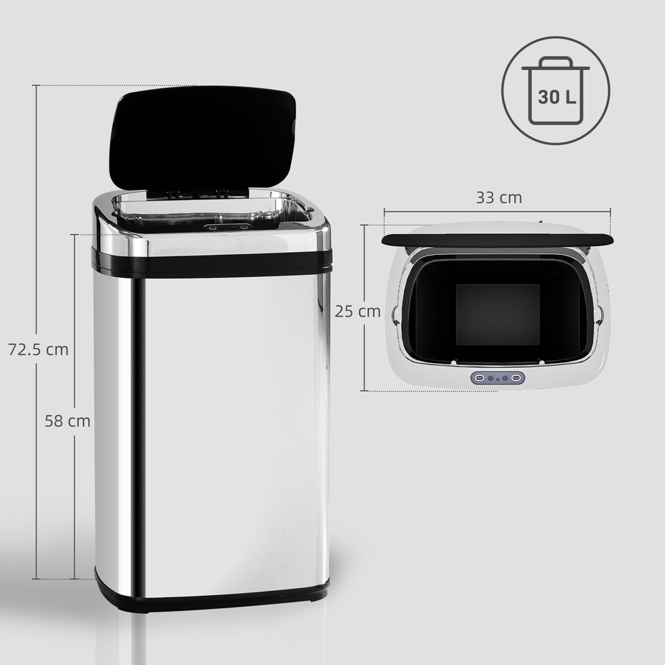 image 1 of HOMCOM 30L Automatic Kitchen Bin with Lid, Stainless Steel Sensor Bin with Infrared Motion Sensor for Home Office, Bathroom, Living Room, Silver | Silver | 1