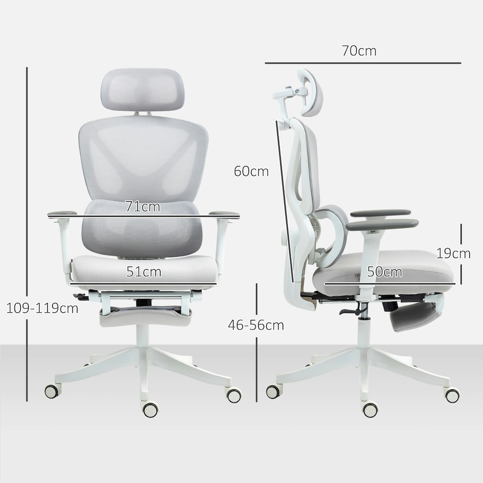 image 1 of HOMCOM Ergonomic Office Chair, Recliner Computer Chair Footrest Grey