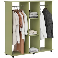 HOMCOM Double Open Wardrobe on Wheels, Bedroom Wardrobe with Clothes Hanging Rails, 3 Storage Shelves, Mobile Garment Rack for Cloakroom, Hallway, Green | Green