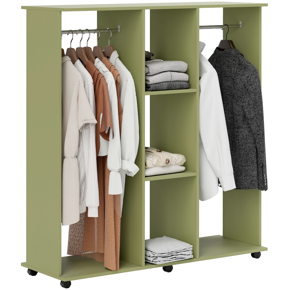 image 1 of HOMCOM Double Open Wardrobe on Wheels, Bedroom Wardrobe with Clothes Hanging Rails, 3 Storage Shelves, Mobile Garment Rack for Cloakroom, Hallway, Green | Green