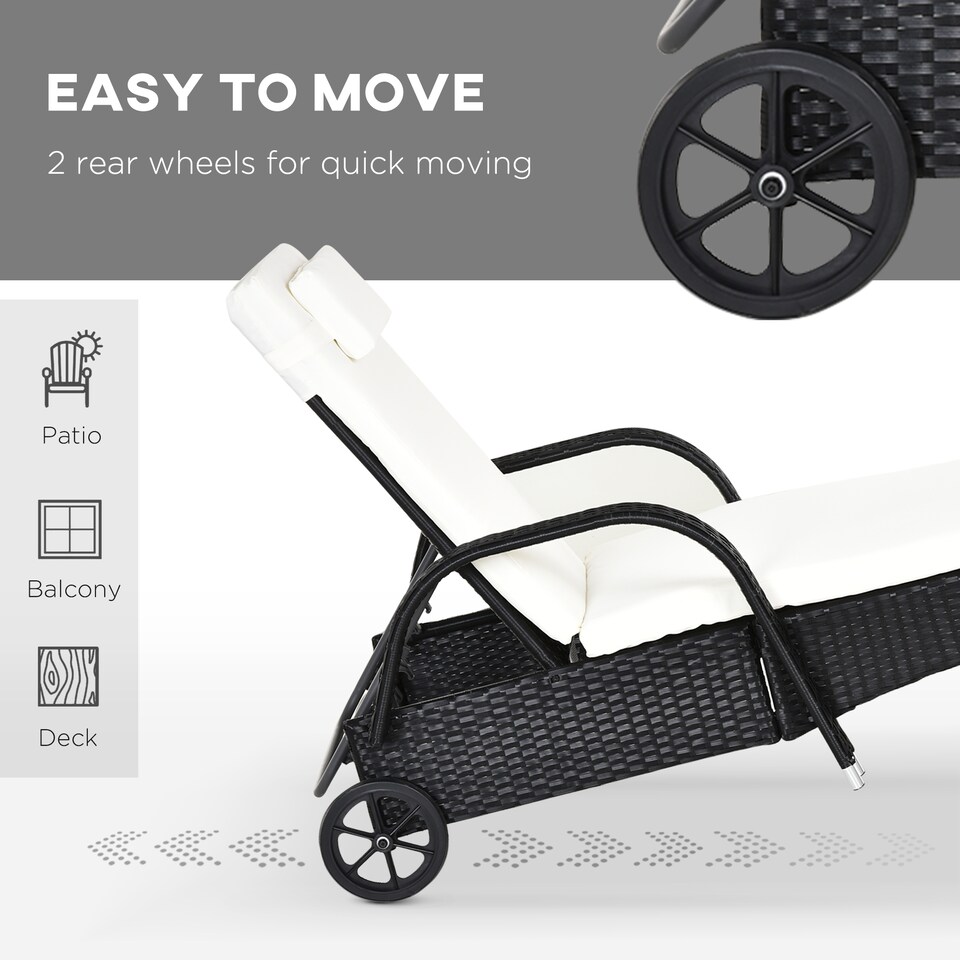 image 1 of Outsunny Rattan Sun Loungers for Garden Set of 2 with Side Table, Garden Recliner Sunbeds with Adjustable Back, Wheels, Cushions and Headrest, 3 Pieces Garden Furniture Set for Outdoor, Patio, Black