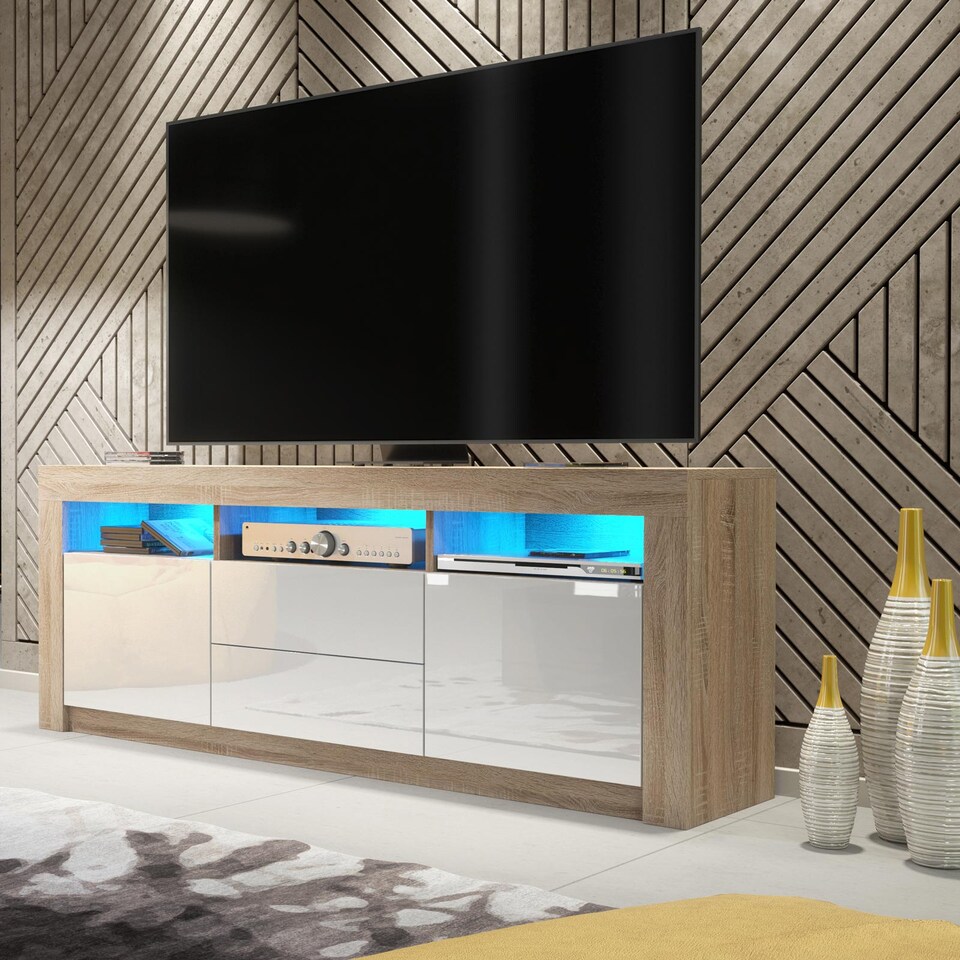 image 1 of TV Unit TV Stand Cabinet Sideboard Oak White High Gloss Doors Free LED 160cm