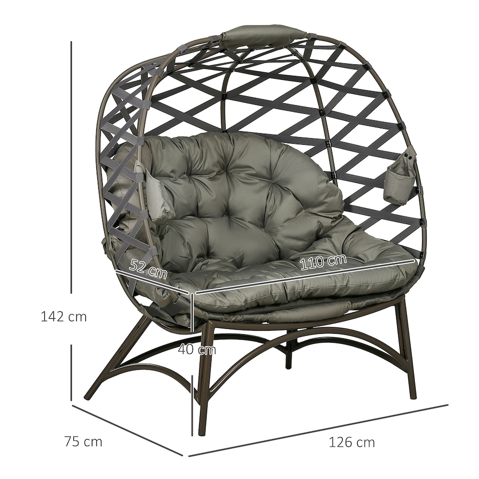 image 1 of Outsunny 2 Seater Egg Chair Outdoor with Cushion, Cup Pockets Brown