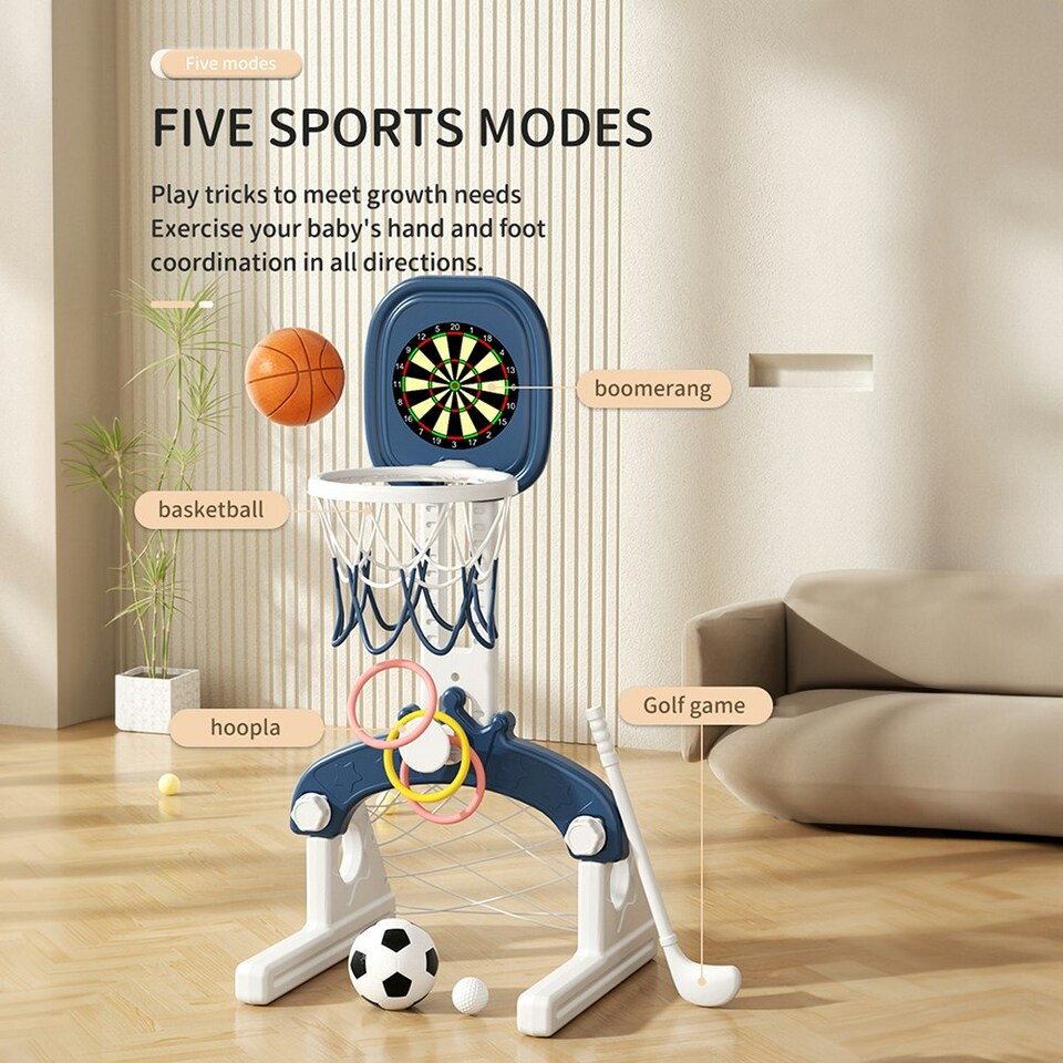 image 1 of Living and Home 5-in-1 Kids Basketball Hoop with balls, Golf, Ring Toss & Dartboard