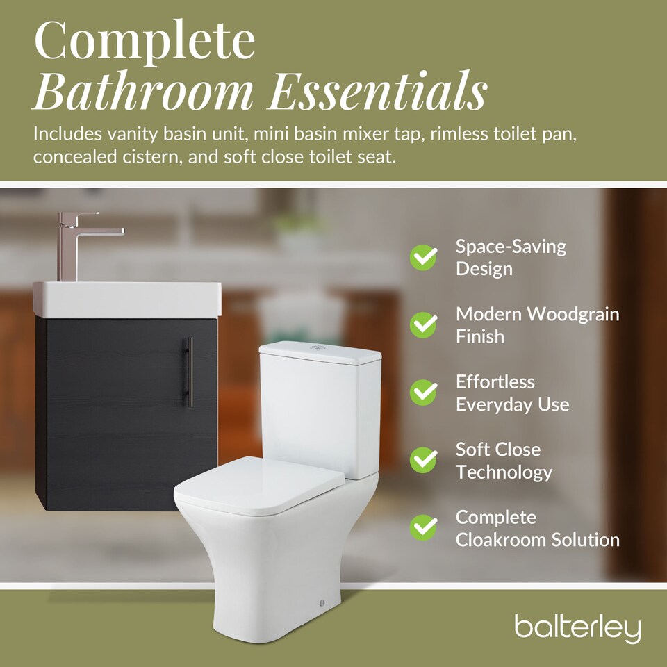 image 1 of Balterley Saint Cloakroom Set - Wall Hung Vanity Basin Unit, Toilet Pan, Cistern, Seat & Mini Basin Tap - Balterley | Grey | Black Woodgrain | 520.0000 x 405.0000 x 222.0000mm