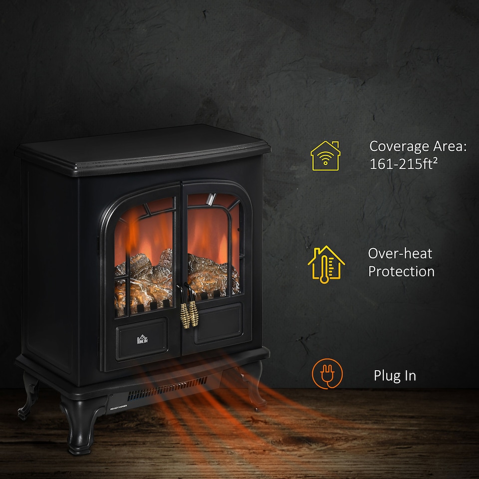 image 1 of HOMCOM Electric Fireplace Stove Heater with LED Fire Flame Effect, Double Door, Freestanding Portable with Overheat Protection, 1000W2000W, Black