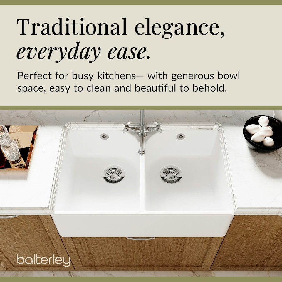 image 1 of Fireclay Double Bowl Butler Kitchen Sink - 795mm with Tap Hole, Weir & Waste - Ceramic Belfast Style Kitchen Sink