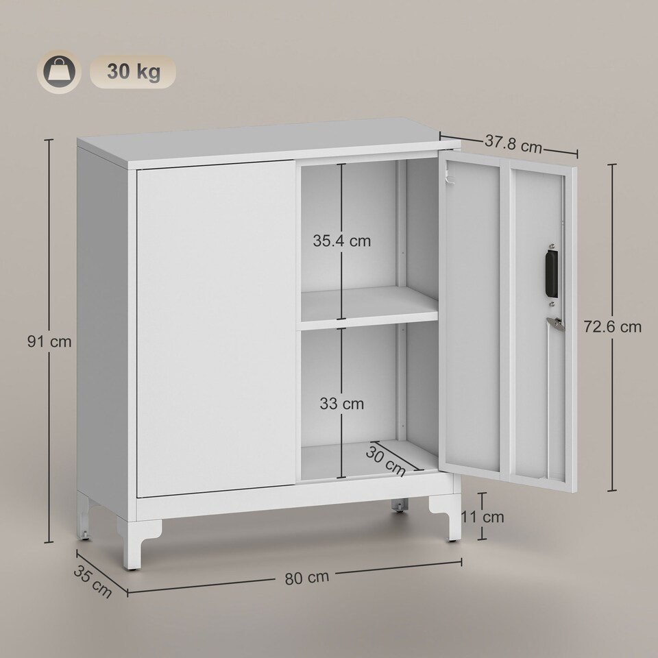image 1 of HOMCOM Lockable Metal Filing Cabinet, 2-Tier Storage Cupboard | White | White | 80 x 35 x 91 cm