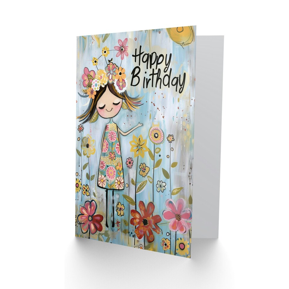 image 1 of Cute Girl Spring Flower Meadow Kids Child Kids Birthday Card
